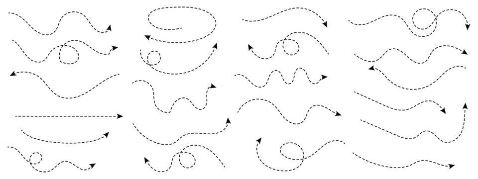 Hand drawn dot arrow vector set. Hand drawn line doodle arrow, curve arrow icon vector set. Vector illustration. Hand drawn dotted arrows set. Sketch curved dashed arrows design