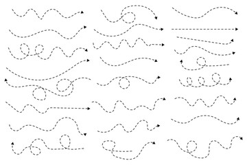 Hand drawn dot arrow vector set. Hand drawn line doodle arrow, curve arrow icon vector set. Vector illustration. Hand drawn dotted arrows set. Sketch curved dashed arrows design