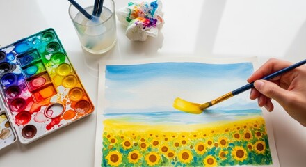 Watercolor painting in progress with colorful paint palette and brush