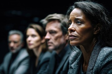 Group of serious individuals deep in discussion during a tense meeting at night in a darkened room