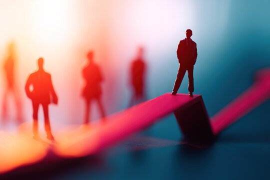 Business leaders analyzing growth trends on a fluctuating graph in a vibrant setting with figures representing diverse stakeholders - Powered by Adobe