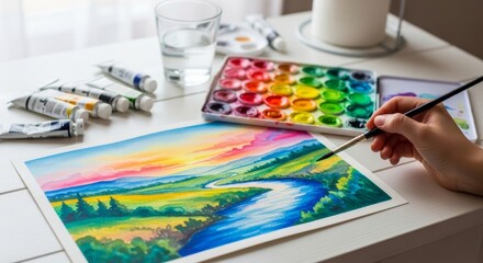 Watercolor painting in progress with colorful paint palette and brush