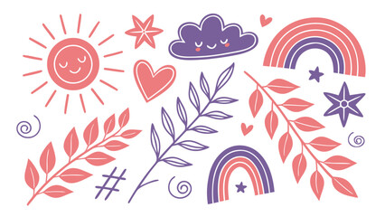 Fototapeta premium Cheerful sun, happy cloud, and vibrant rainbows create a whimsical, modern design perfect for children's products and uplifting branding, radiating joy and colorful positivity
