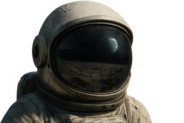 Astronaut space exploration in a spacesuit helmet with planet reflection, future mission concept, transparent background
