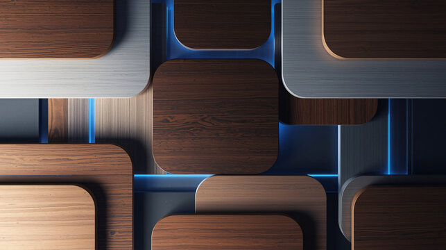 Modern abstract wooden and metallic geometric background with blue neon light