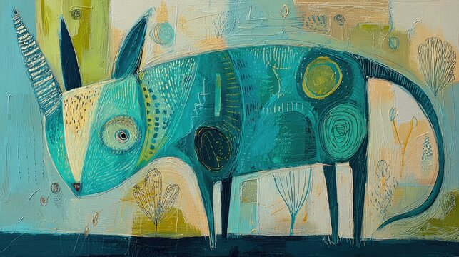 A stylized, abstract animal stands against a colorful background with various shapes and patterns, showcasing vivid blues and greens. This creative artwork captures attention.