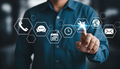 Customer service icons and symbols displayed on a futuristic interface, with a persons finger interacting with the technology