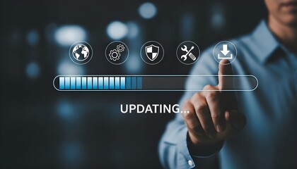 Person updating software on a digital interface with a progress bar and icons for global connection, settings, security and tools signifying system maintenance