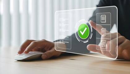 Person using a computer mouse and interacting with a holographic interface displaying a checkmark and document icons, signifying approval or completion