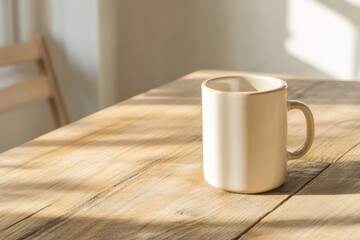 Realistic ceramic mug mockup on a wooden table with soft morning light, perfect for branding and product presentations.