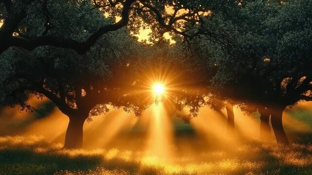 Sunlight streams through tree branches, casting golden rays across a meadow, creating a serene atmosphere, camera pans slowly