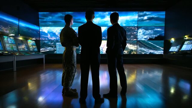 Silhouetted command personnel against bright wall of interactive military monitoring screens, with copy space