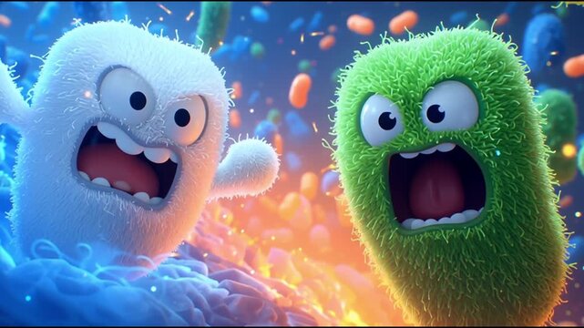 Animated characters display vibrant emotions in a colorful environment, showcasing a dynamic confrontation, camera zooms in for emphasis