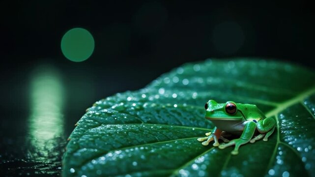 Vibrant frog on dewy leaf in rainforest capturing nature&rsquo;s serenity and green wonder