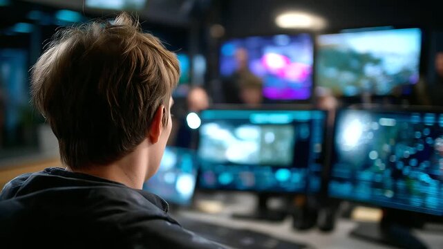 Blurred faceless operator in foreground with sharp focus on digital warfare coordination screens behind, with copy space