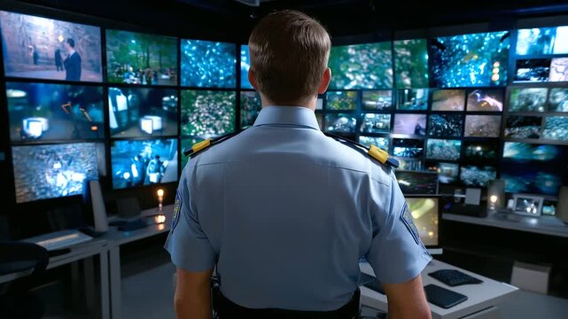 Rear view of uniformed officer's back facing expansive array of glowing surveillance monitors, with copy space
