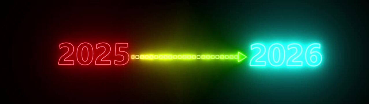  Progress From 2025 to 2026 New Year Concept. Animation of Glowing neon goodbye 2025 and welcoming the new year 2026.  2026 concept of new year beginning, happy celebration, festival, new life.