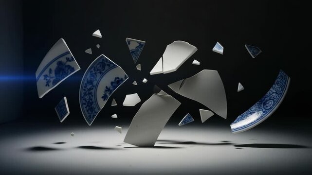 Dynamic shattering of blue and white ceramic plate in slow motion with dramatic lighting