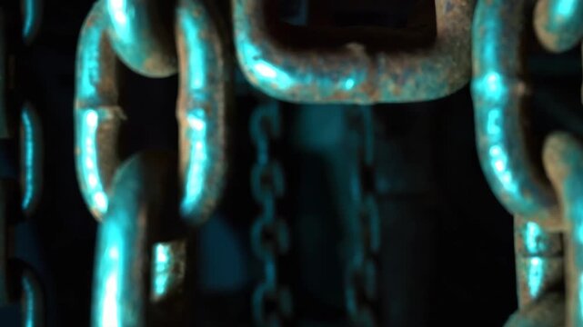 Rusty chains in motion: a closeup exploration of metal links in dynamic lighting