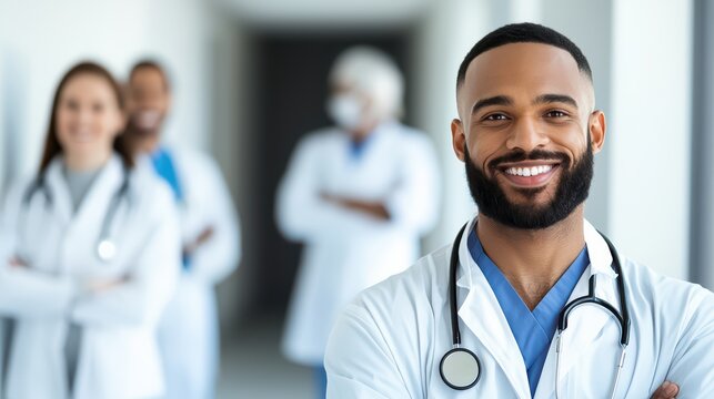 Smiling male doctor in a white coat with stethoscope standing in hospital corridor with diverse medical team in the background