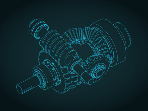 Worm gearbox with differential structure isometric blueprint