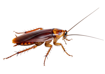 A single brown household cockroach pest closeup isolated on transparent or white background. PNG