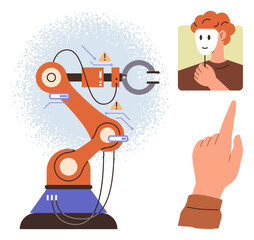 Robotic arm grasping objects, human hand pointing, and person holding mask. Ideal for AI ethics, technology, human identity, robotics, automation innovation education. Simple flat metaphor