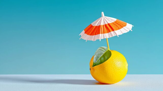 Bright yellow lemon adorned with a colorful umbrella and green leaf, showcased against a vibrant blue background, capturing a playful summer vibe, camera gradually zooms in for detail