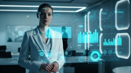Futuristic interface with businesswoman analyzing holographic data in modern office setting - Powered by Adobe