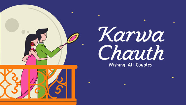 karwa chauth festival illustration with indian woman viewing moon through sieve on decorated balcony at night