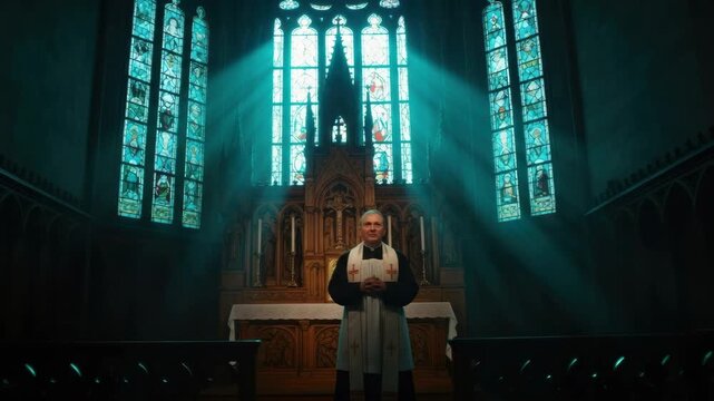 Vicar prayers amidst sunlit cathedral stained glass majesty