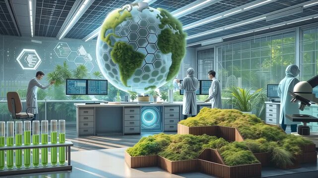 Futuristic green energy lab with scientists working on eco technology