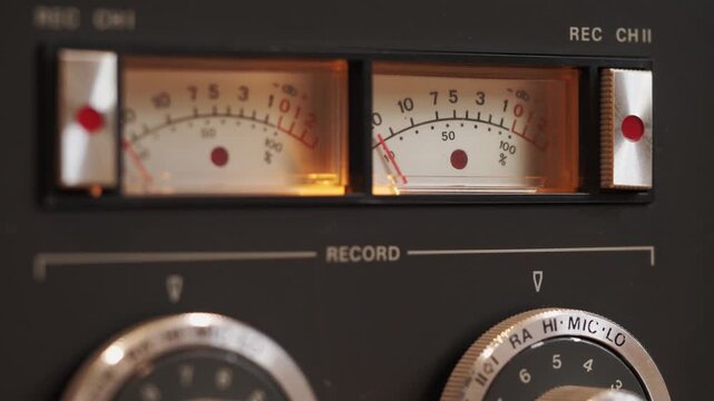 Close-up of analog tape recorder meter