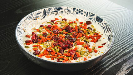 Beautiful healthy yogurt bowl with pumpkin seeds, goji berries, chia seeds, dried cranberries and other superfoods. Nutritious breakfast or snack for wellness lifestyle.