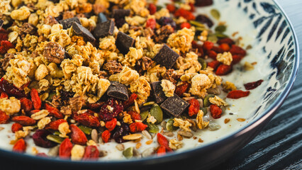 Beautiful yogurt bowl with crunchy granola, chocolate pieces, pumpkin seeds, goji berries and chia seeds. Perfect healthy breakfast or snack with a tasty indulgence.