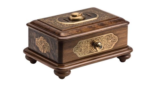 A wooden brown vintage box isolated on a white background, shown as a transparent png style image with rustic, aged details.