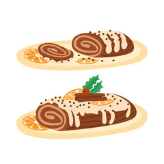 Christmas Yule Log cake. Classic winter holidays dessert. Hand drawn vector illustration. Cute traditional french roulade decorated with chocolate cream, whipped frosting, icing and Xmas holly berries