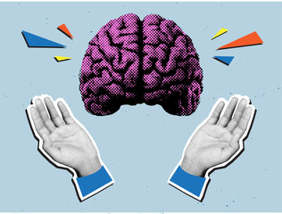 Retro halftone collage of hands holding pink brain on blue background, symbolizing creativity, intelligence, and innovation concept