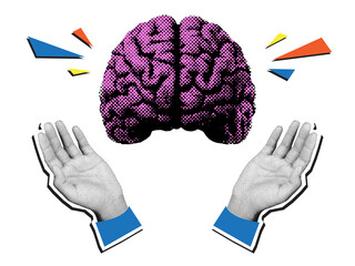 Retro halftone collage of hands holding pink brain symbolizing creativity, intelligence, innovation, and mental growth concept.