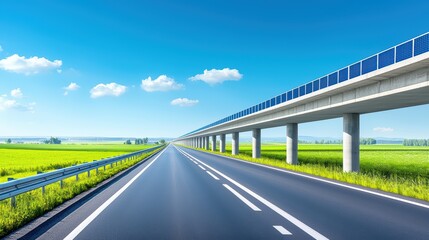 Modern Road Under Elevated Infrastructure with Clear Blue Sky and Lush Green Fields Alongside for Transport Concepts