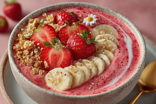 Fresh strawberry and banana smoothie bowl with granola and fruit toppings