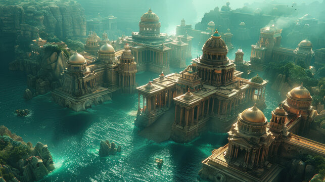 The legendary city of Atlantis rises beneath crystal waters, glowing with ancient light and grand marble temples, a forgotten utopia shimmering with mystery and timeless beauty.