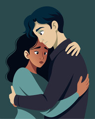 Obraz premium A hug between two lovers seems romantic but the huggers expression is sinister and their embrace turns into a controlling grip revealing their manipulative nature.. Vector illustration
