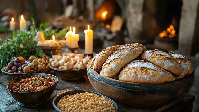 Rustic kitchen table with bread, fruits, and candles