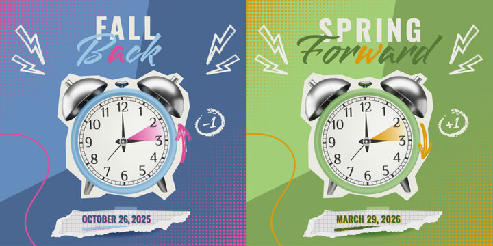 Fall Back 2025 and Spring Forward 2026 collage style set. Vector Daylight Saving Time illustration with 3D and charcoal elements