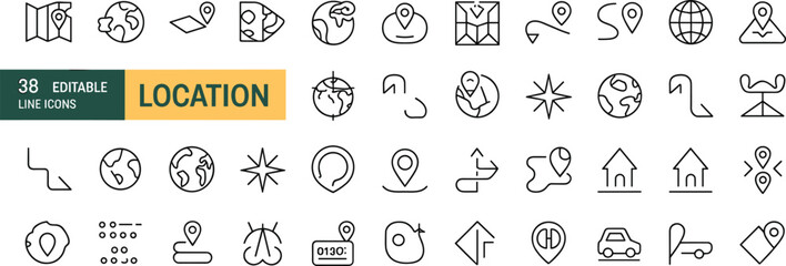 Location line icons, editable stroke, map pin, compass, GPS, navigation symbols, minimalist style, ideal for apps, maps, websites, and UI design