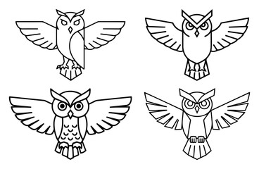 Flying Owl Line Art Logo Set – Collection of Four Spread‑Wing Night Bird Outlines Minimal Vector Icons