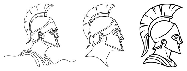 Spartan Helmet Line Art Icons – Ancient Greek Warrior Head Profile Minimal Outline Vector Illustration Set