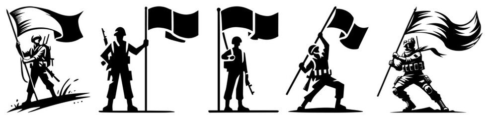 Warrior Flag Bearer Silhouette Set – Medieval Soldiers Holding Banners and Spears Black Retro Emblem Vector Illustration