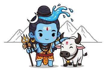 Baby Lord Shiva with Nandi – Cute Blue Hindu God Cartoon Holding Trident Himalaya Background Vector Illustration